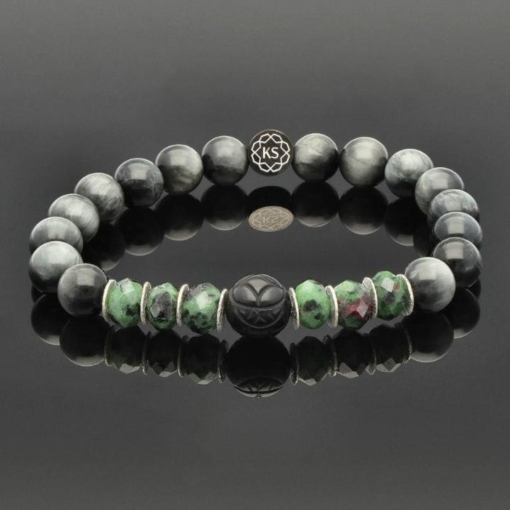 SkyFlex-Armband mit Falkenauge, Obsidian, Rubin-Zoisit &amp; 925 Silber in 8mm