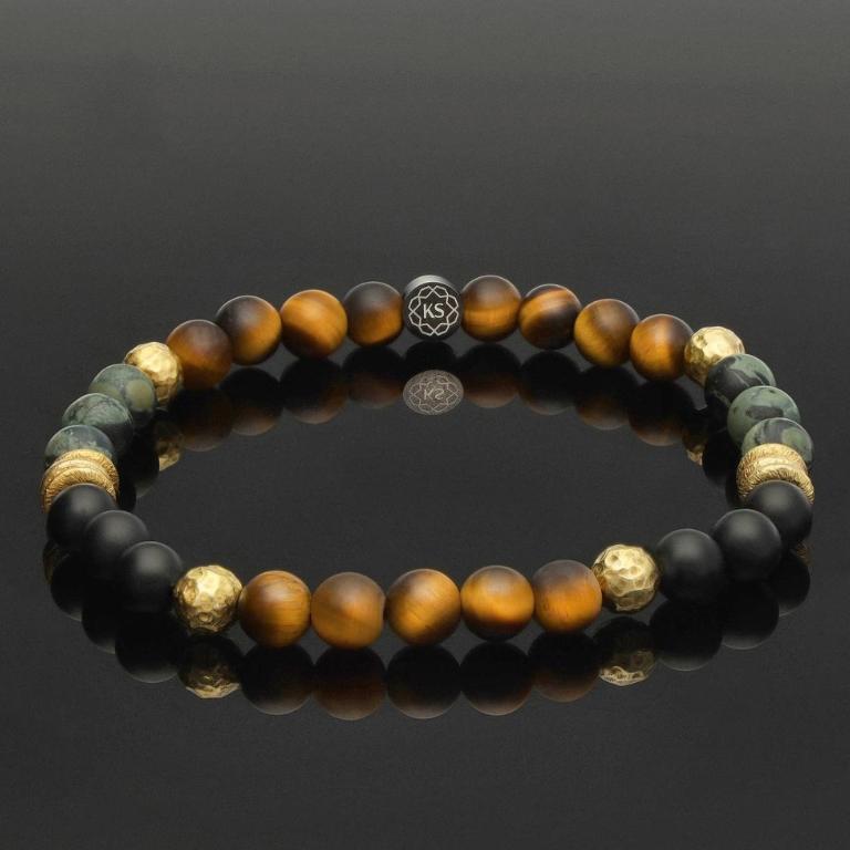Armband aus Tigerauge, Regenwald-Jaspis, Onyx & 24 Karat vergoldetem 925-Silber in 6mm