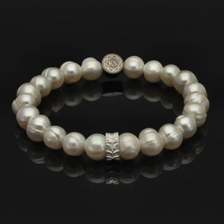 Damen Perlenarmband mit Süßwasserperlen & 925 Silber in Blattoptik