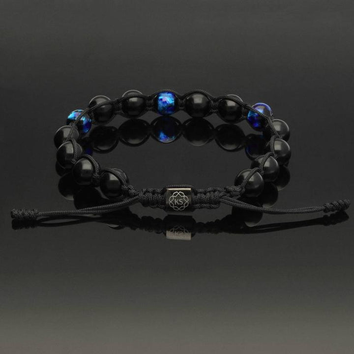 Makramee Armband aus leuchtendem Hotaru-Glas mit Silber und poliertem Onyx