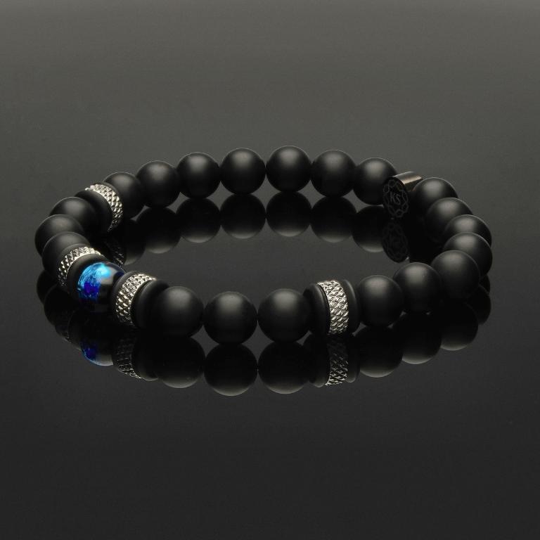 SkyFlex-Armband mit Hotaru-Glas, Silber, Onyx &amp; Edelstahl
