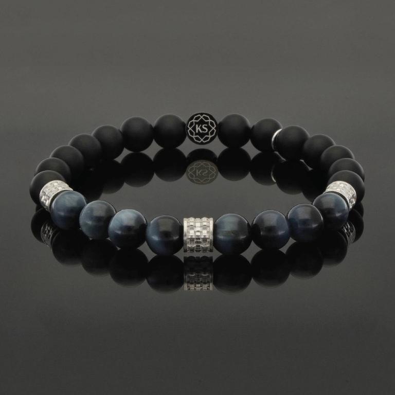 Herren Armband mit blauem Tigerauge, Onyx & 925 Silber