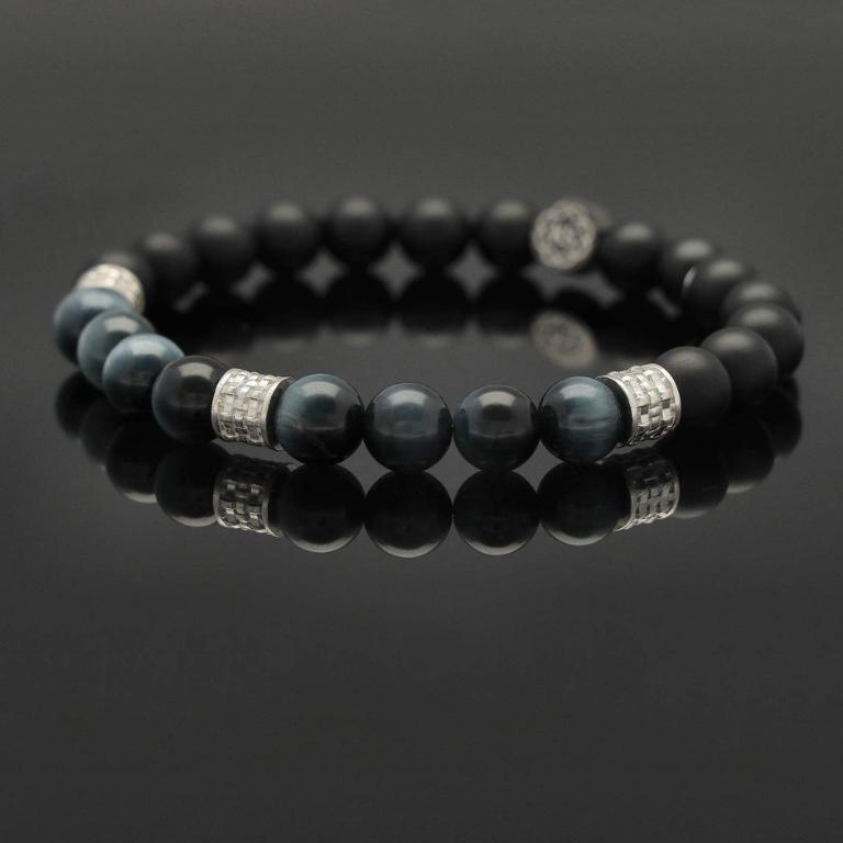 Herren Armband mit blauem Tigerauge, Onyx & 925 Silber