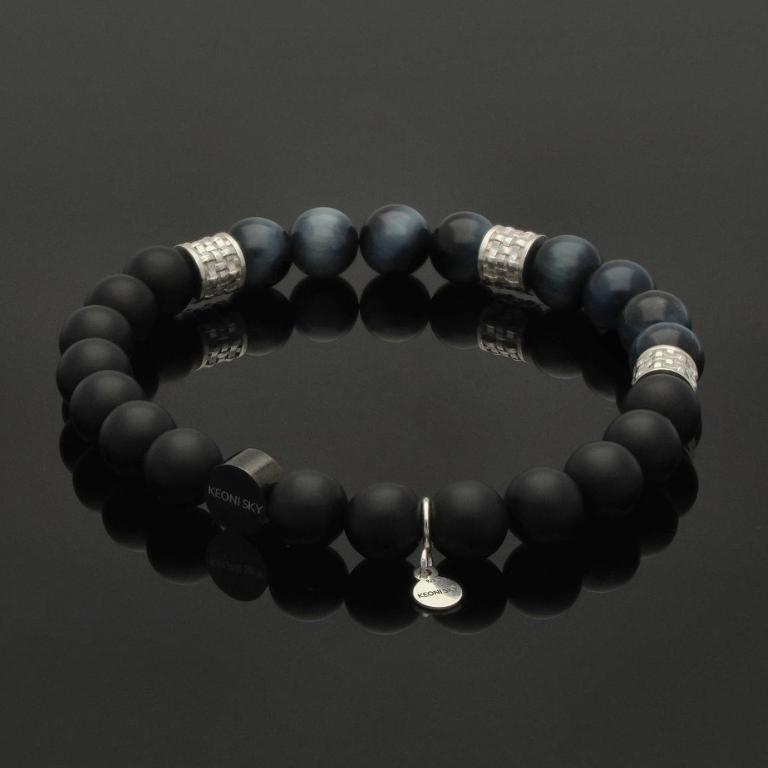 Herren Armband mit blauem Tigerauge, Onyx & 925 Silber