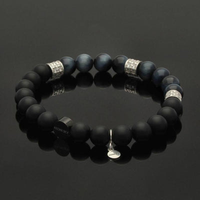 Herren Armband mit blauem Tigerauge, Onyx & 925 Silber