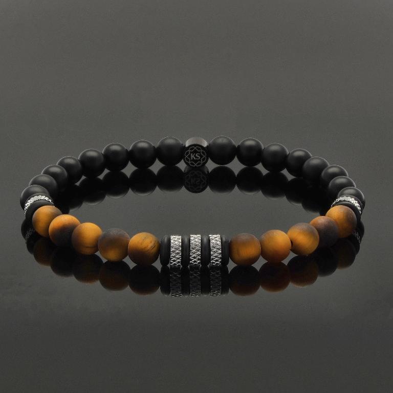 Armband aus mattem Tigerauge & Onyx mit Diamond-Cut Rondellen aus Edelstahl