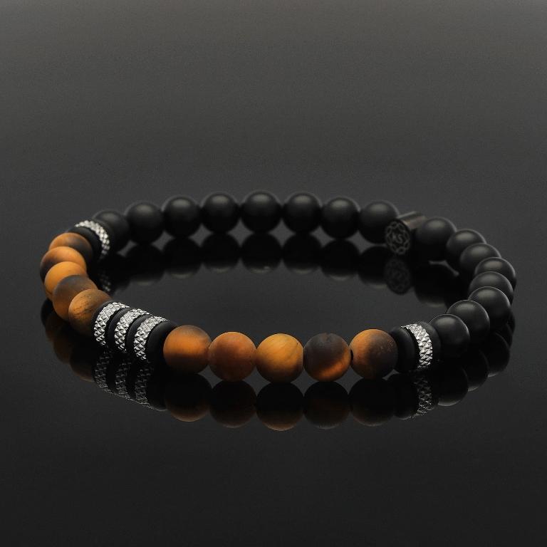 Armband aus mattem Tigerauge & Onyx mit Diamond-Cut Rondellen aus Edelstahl