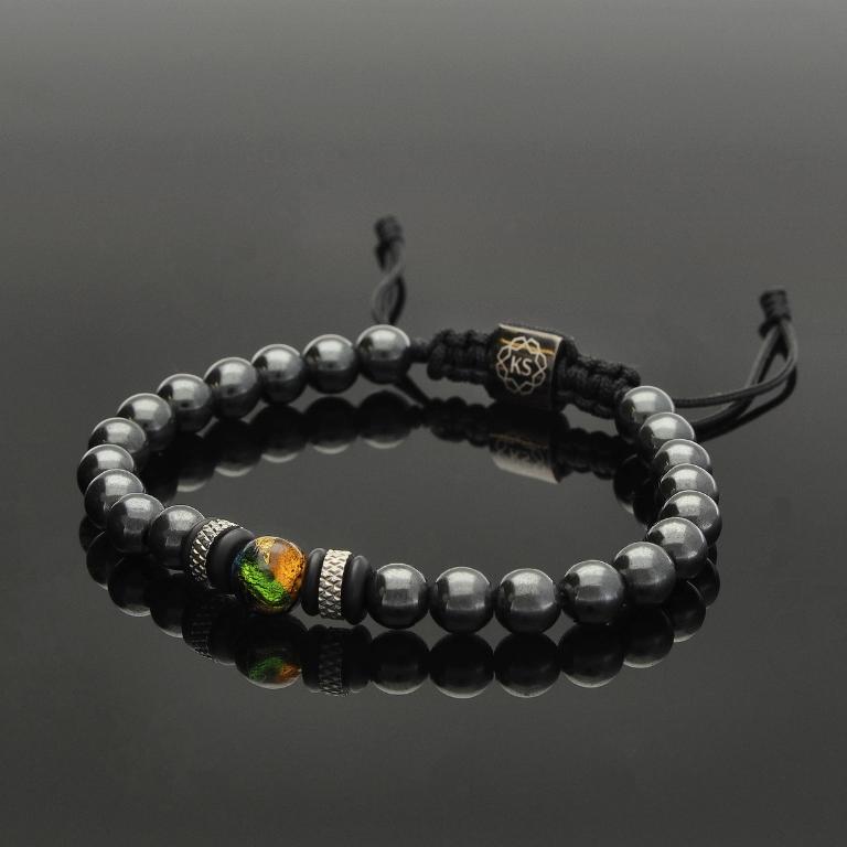 Makramee Armband aus Murano Glaskugel mit 24 Karat Blattgold, Hämatit, Onyx &amp; Edelstahl