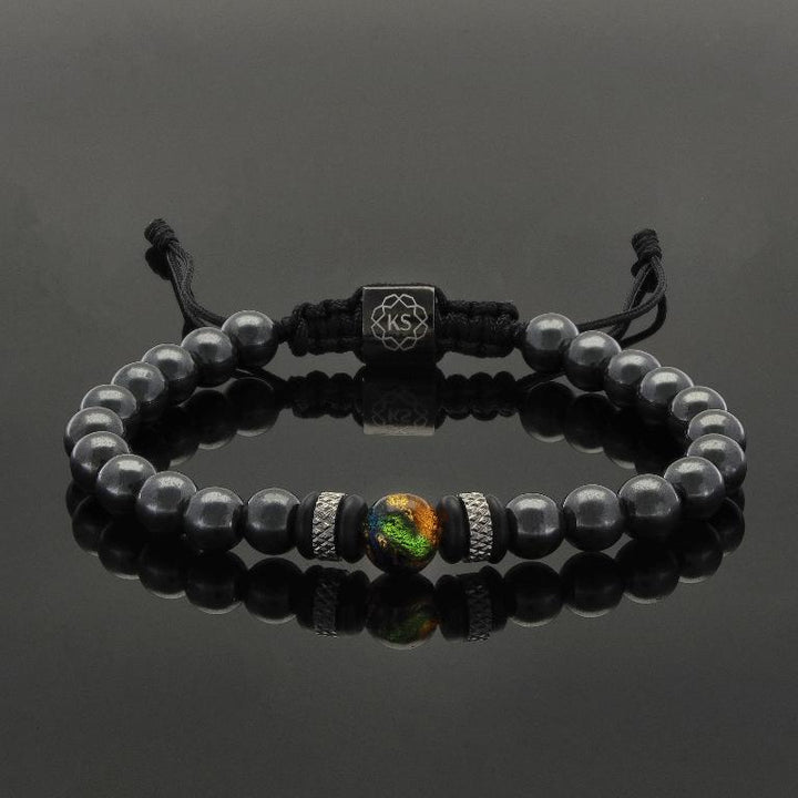 Makramee Armband aus Murano Glaskugel mit 24 Karat Blattgold, Hämatit, Onyx &amp; Edelstahl