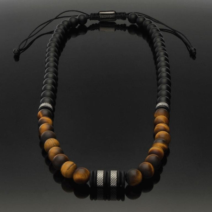 Makramee-Halskette mit mattiertem Tigerauge, Onyx &amp; Edelstahl in 8mm