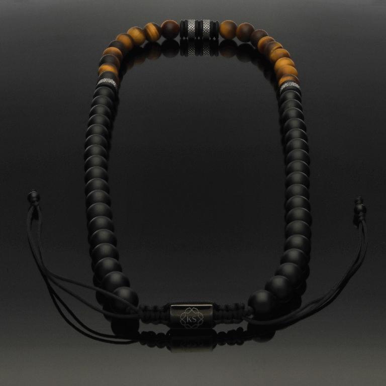 Makramee-Halskette mit mattiertem Tigerauge, Onyx &amp; Edelstahl in 8mm