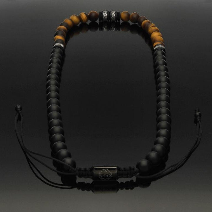 Makramee-Halskette mit mattiertem Tigerauge, Onyx &amp; Edelstahl in 8mm