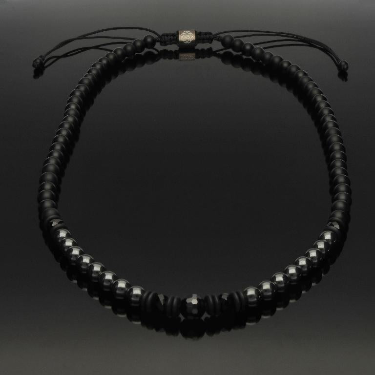 Makramee-Halskette mit facettiertem Spinell, Hämatit &amp; Onyx in 6mm