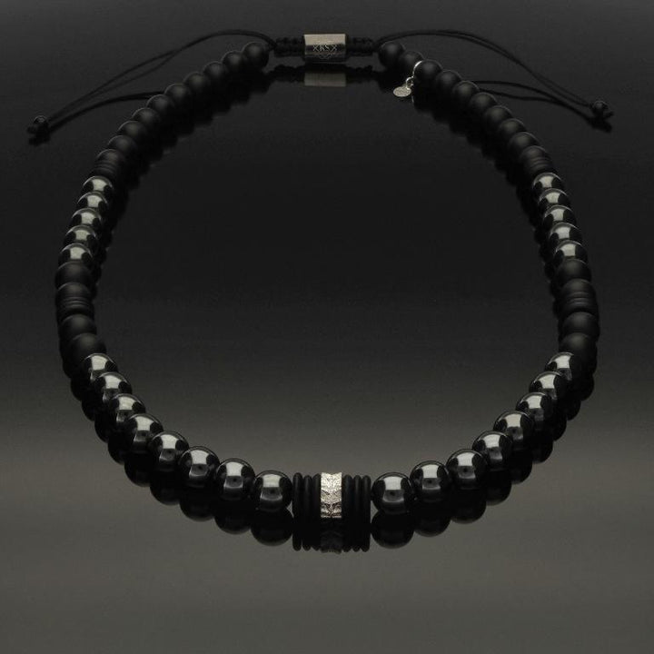 Makramee-Halskette mit Rondell aus 925 Silber in Blattoptik, Hämatit &amp; Onyx in 8mm