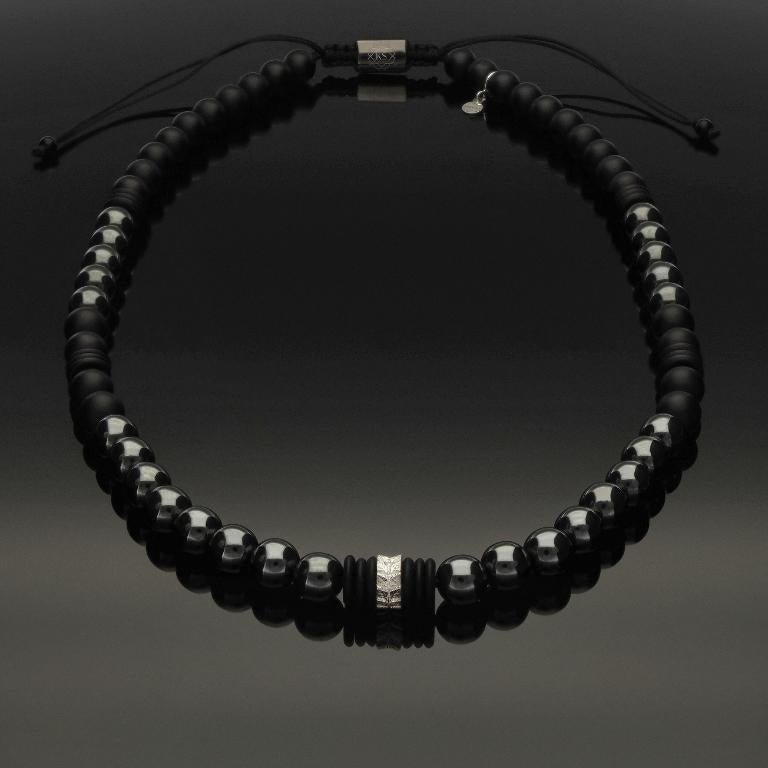 Makramee-Halskette mit Rondell aus 925 Silber in Blattoptik, Hämatit & Onyx in 8mm