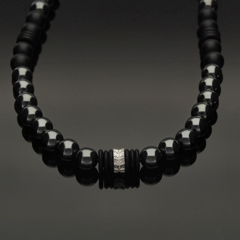 Makramee-Halskette mit Rondell aus 925 Silber in Blattoptik, Hämatit &amp; Onyx in 8mm