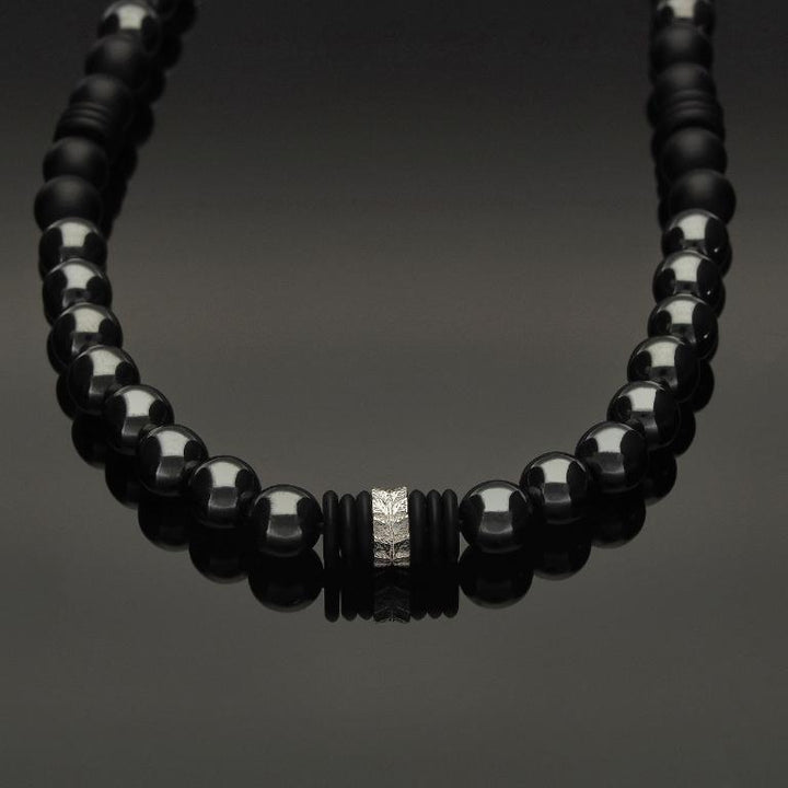 Makramee-Halskette mit Rondell aus 925 Silber in Blattoptik, Hämatit &amp; Onyx in 8mm