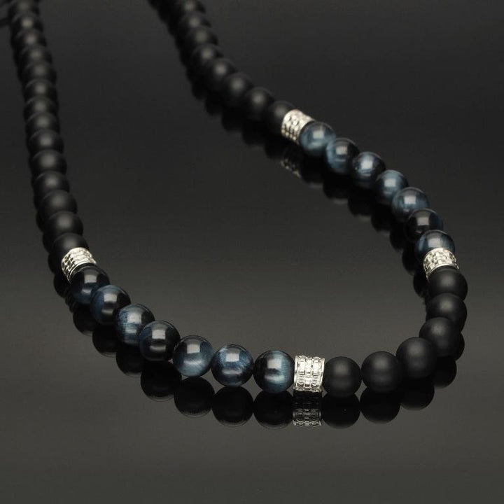 Makramee-Halskette mit 925 Silber, blauem Tigerauge &amp; Onyx in 8mm