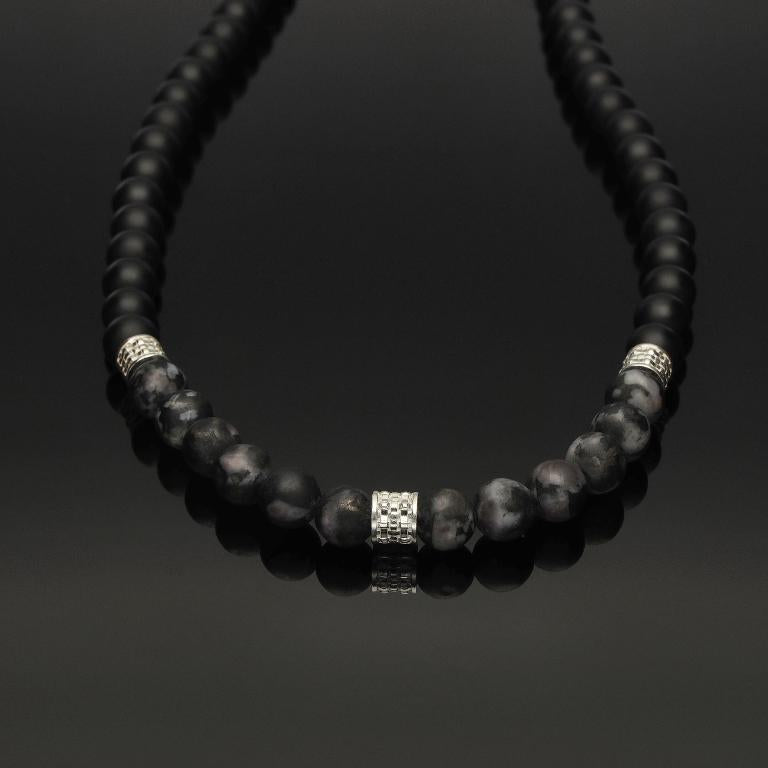 Makramee-Halskette mit 925 Silber, Indigo Gabbro &amp; Onyx in 8mm
