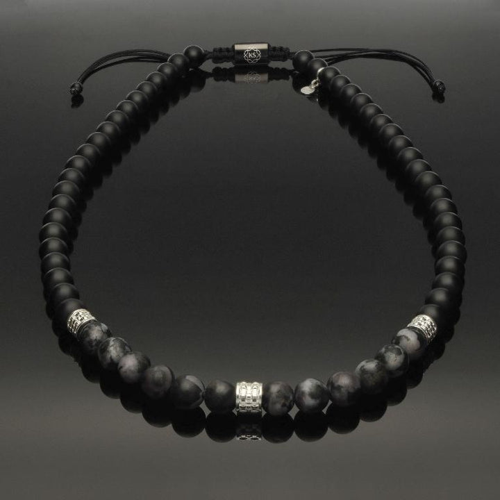 Makramee-Halskette mit 925 Silber, Indigo Gabbro &amp; Onyx in 8mm