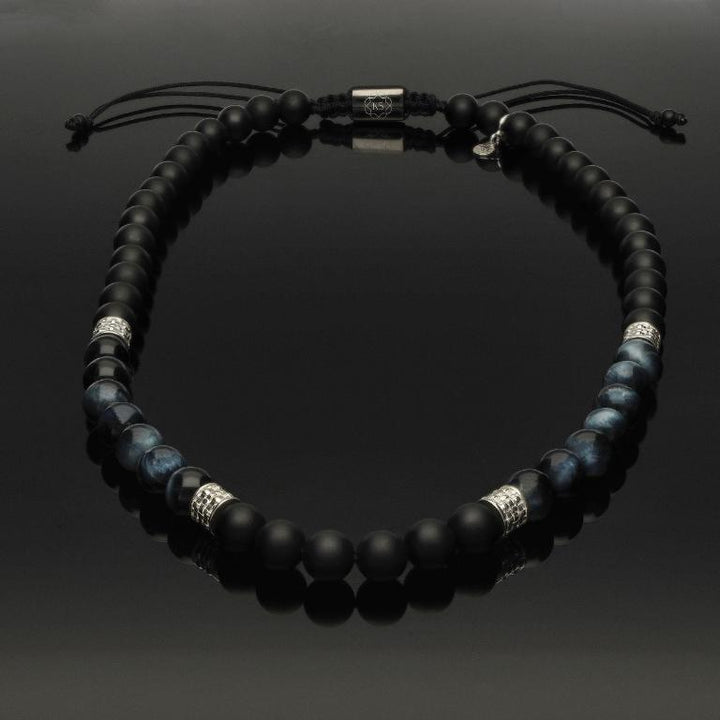 Makramee-Halskette mit 925 Silber, blauem Tigerauge &amp; Onyx in 8mm
