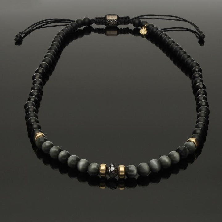 Makramee-Halskette mit schwarzem Rohdiamant, 585 Gelbgold, Falkenauge &amp; Onyx in 6mm
