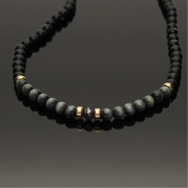 Makramee-Halskette mit schwarzem Rohdiamant, 585 Gelbgold, Falkenauge &amp; Onyx in 6mm