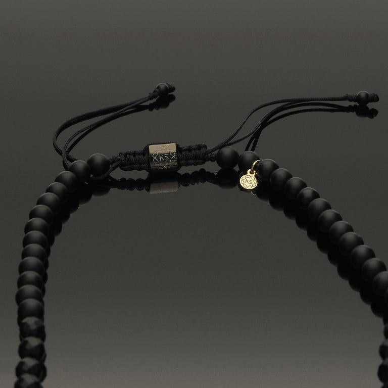 Makramee-Halskette mit schwarzem Rohdiamant, 585 Gelbgold, Falkenauge &amp; Onyx in 6mm