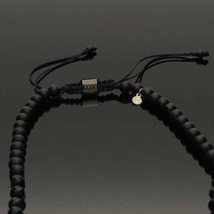 Makramee-Halskette mit schwarzem Rohdiamant, 585 Gelbgold, Falkenauge &amp; Onyx in 6mm