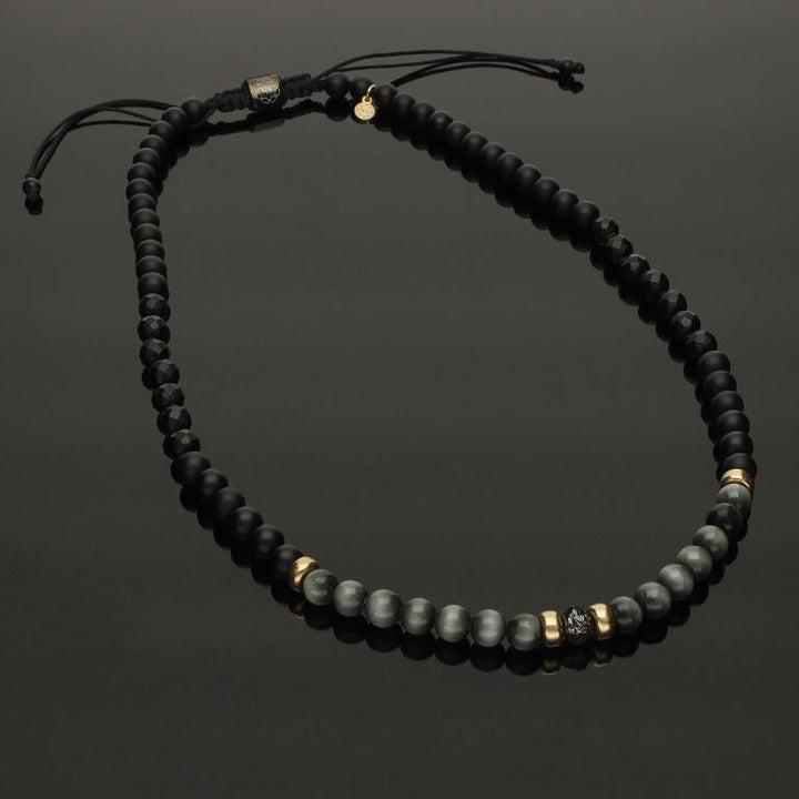 Makramee-Halskette mit schwarzem Rohdiamant, 585 Gelbgold, Falkenauge &amp; Onyx in 6mm