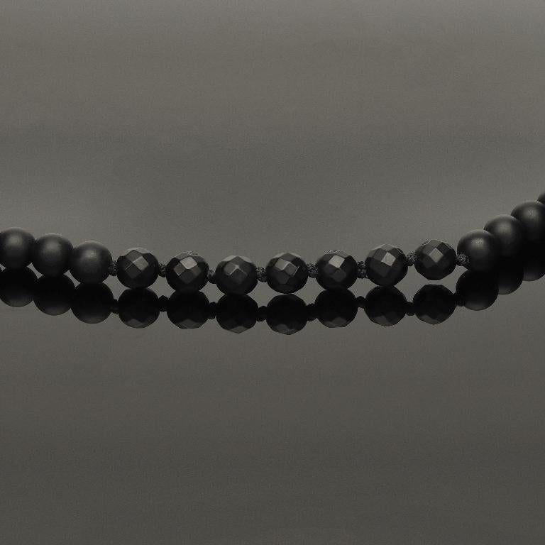 Makramee-Halskette mit schwarzem Rohdiamant, 585 Gelbgold, Falkenauge &amp; Onyx in 6mm