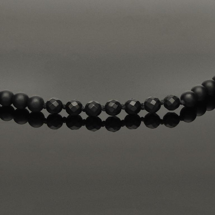 Makramee-Halskette mit schwarzem Rohdiamant, 585 Gelbgold, Falkenauge &amp; Onyx in 6mm
