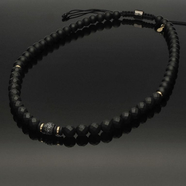 Makramee-Halskette mit 76 schwarzen Diamanten, 585 Weissgold, schwarzem Rhodium, 585 Gelbgold &amp; Onyx in 8mm