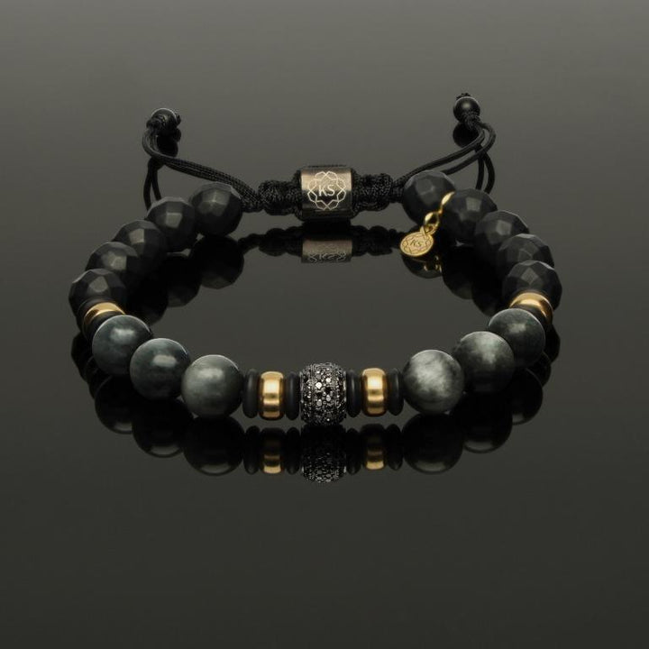 Edelstein Makramee-Armband mit 76 schwarzen Diamanten, 585 Weissgold schwarz rhodiniert, 585 Gelbgold, Falkenauge &amp; Onyx in 8mm