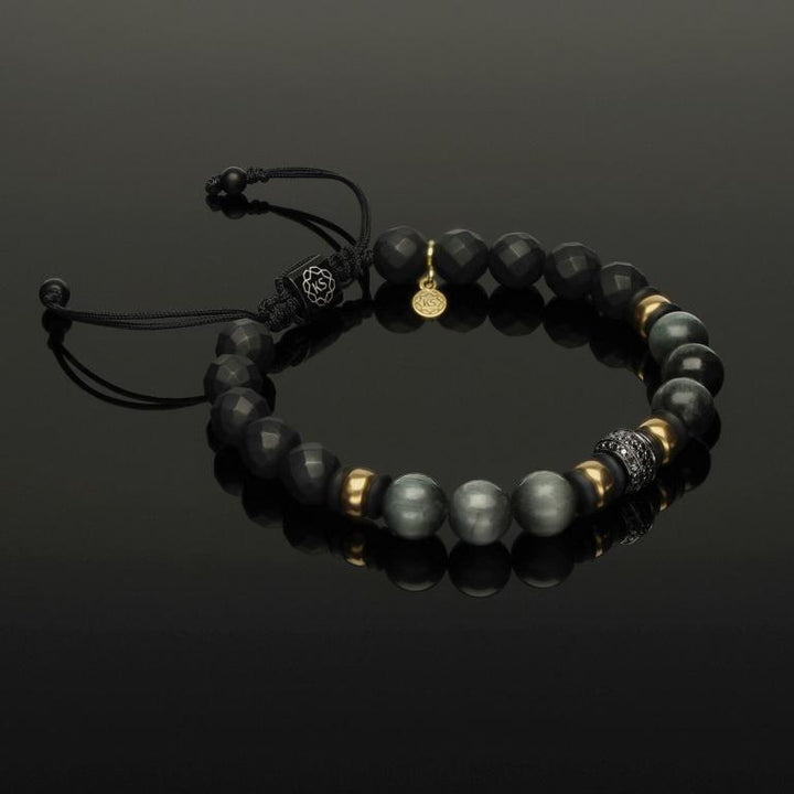 Edelstein Makramee-Armband mit 76 schwarzen Diamanten, 585 Weissgold schwarz rhodiniert, 585 Gelbgold, Falkenauge &amp; Onyx in 8mm