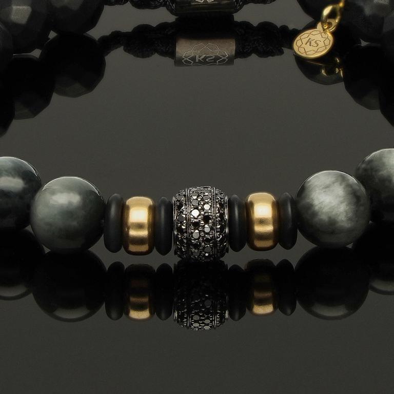 Edelstein Makramee-Armband mit 76 schwarzen Diamanten, 585 Weissgold schwarz rhodiniert, 585 Gelbgold, Falkenauge &amp; Onyx in 8mm