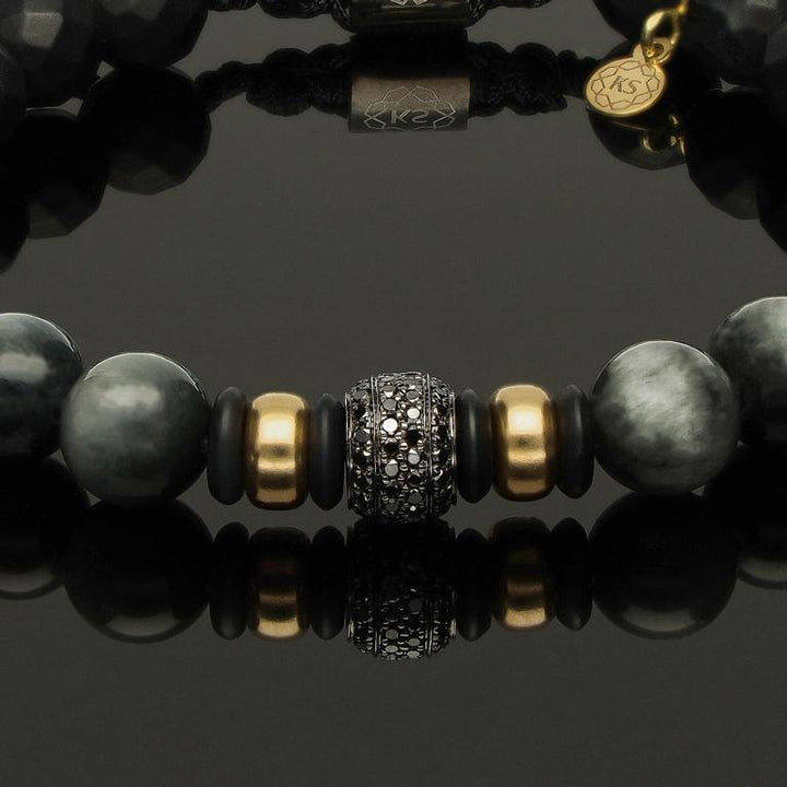 Edelstein Makramee-Armband mit 76 schwarzen Diamanten, 585 Weissgold schwarz rhodiniert, 585 Gelbgold, Falkenauge &amp; Onyx in 8mm