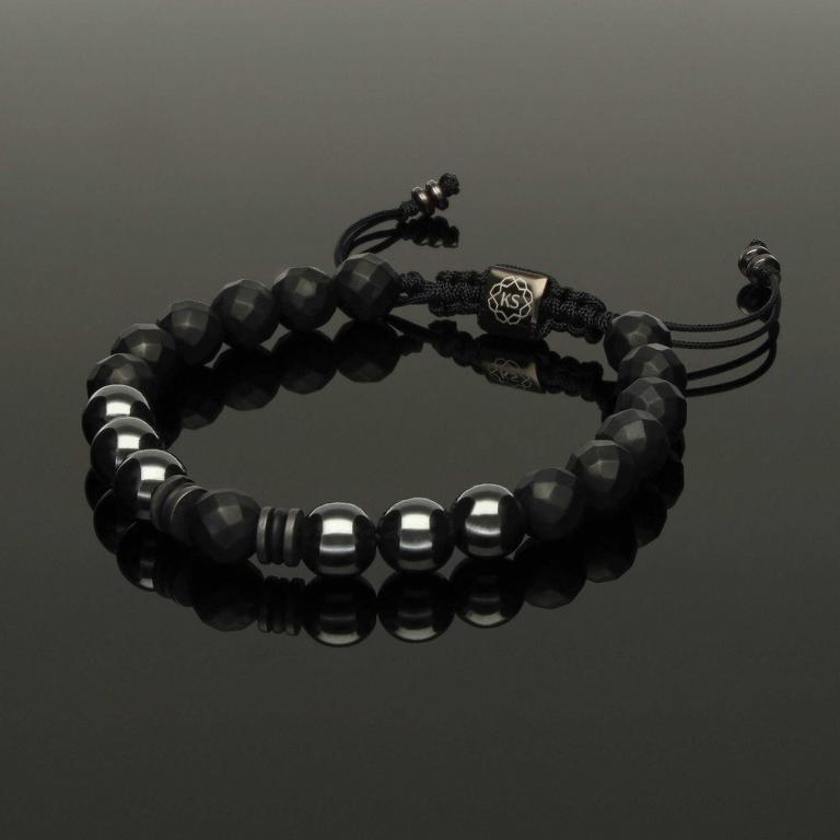 Makramee Armband mit Hämatit &amp; matt facettiertem Onyx in 8mm