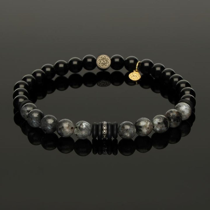 Edelstein SkyFlex-Armband mit schwarz rhodiniertem Rondell aus 585 Weißgold &amp; 16 schwarzen Diamanten, 585 Gelbgold, Larvikit &amp; Onyx in 6mm