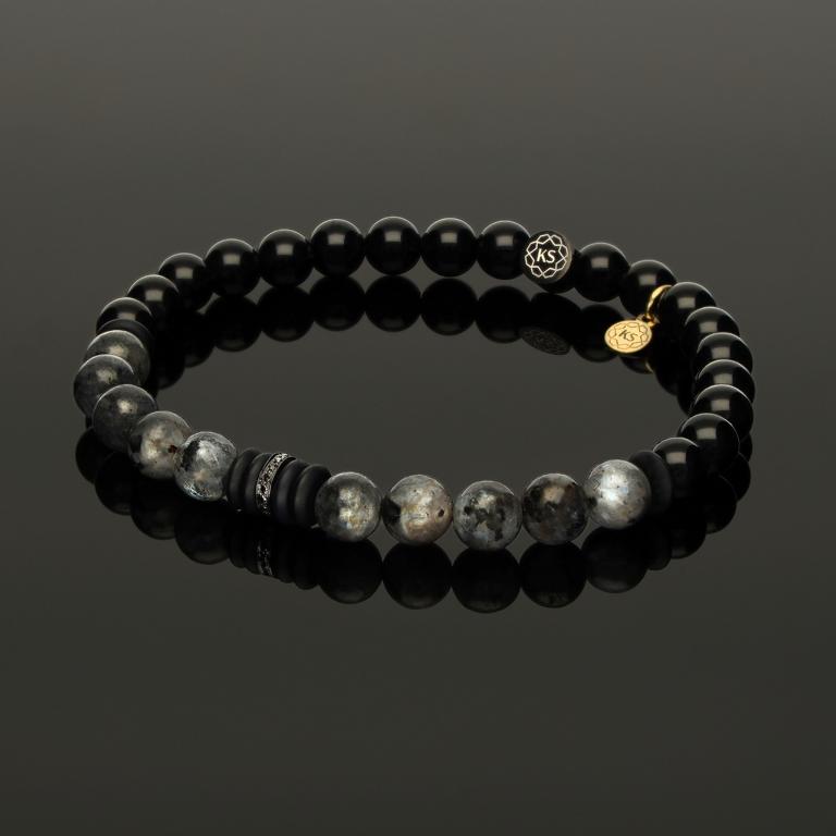 Edelstein SkyFlex-Armband mit schwarz rhodiniertem Rondell aus 585 Weißgold &amp; 16 schwarzen Diamanten, 585 Gelbgold, Larvikit &amp; Onyx in 6mm