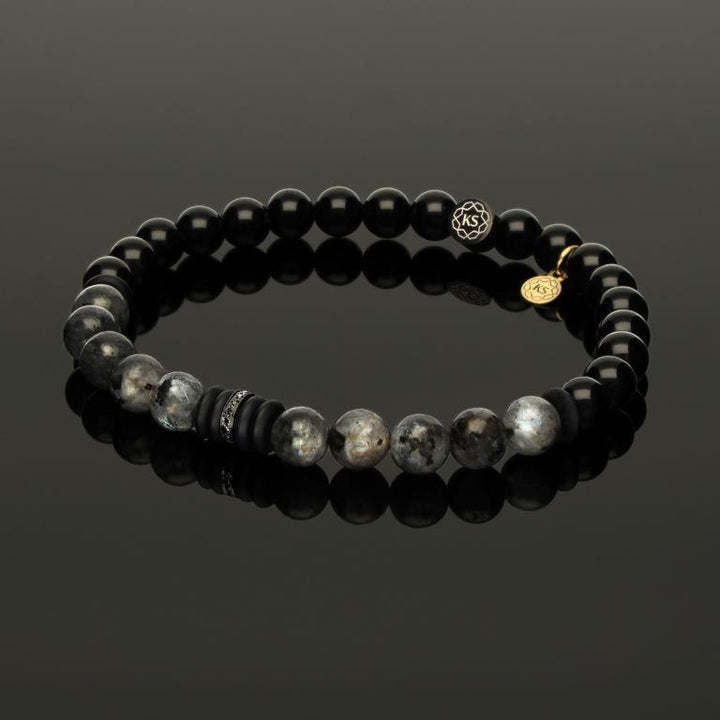 Edelstein SkyFlex-Armband mit schwarz rhodiniertem Rondell aus 585 Weißgold &amp; 16 schwarzen Diamanten, 585 Gelbgold, Larvikit &amp; Onyx in 6mm