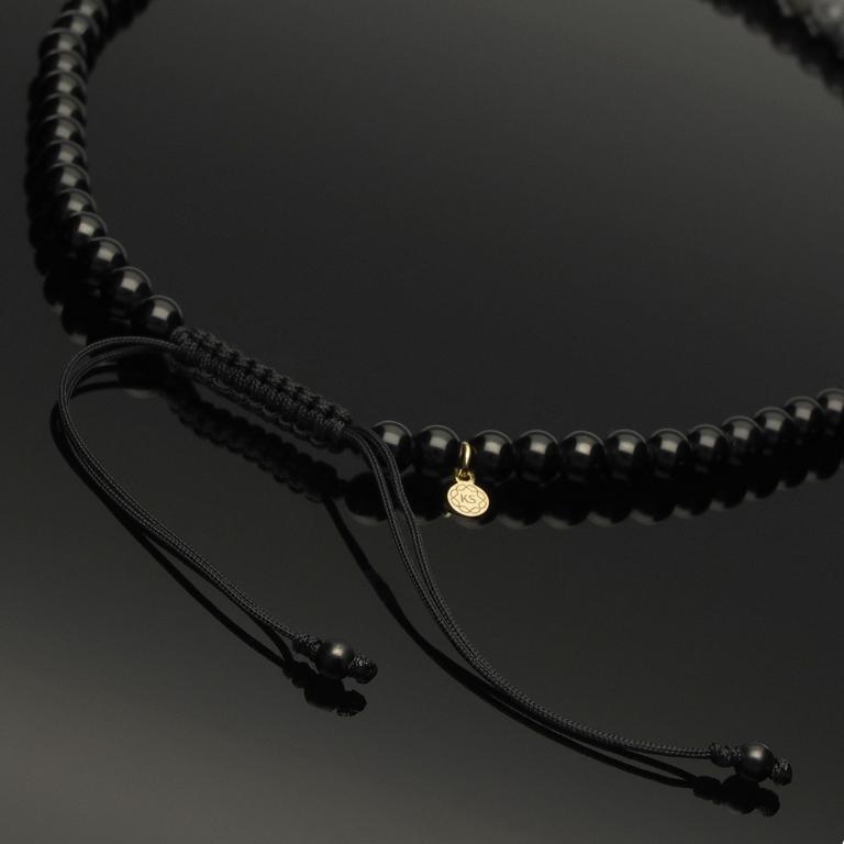 Edelstein Makramee-Halskette mit schwarz rhodiniertem Rondell aus 585 Weißgold &amp; 16 schwarzen Diamanten, 585 Gelbgold, Larvikit &amp; Onyx in 6mm