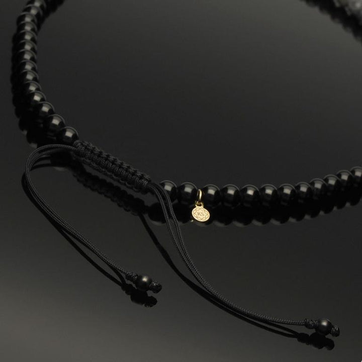 Edelstein Makramee-Halskette mit schwarz rhodiniertem Rondell aus 585 Weißgold &amp; 16 schwarzen Diamanten, 585 Gelbgold, Larvikit &amp; Onyx in 6mm