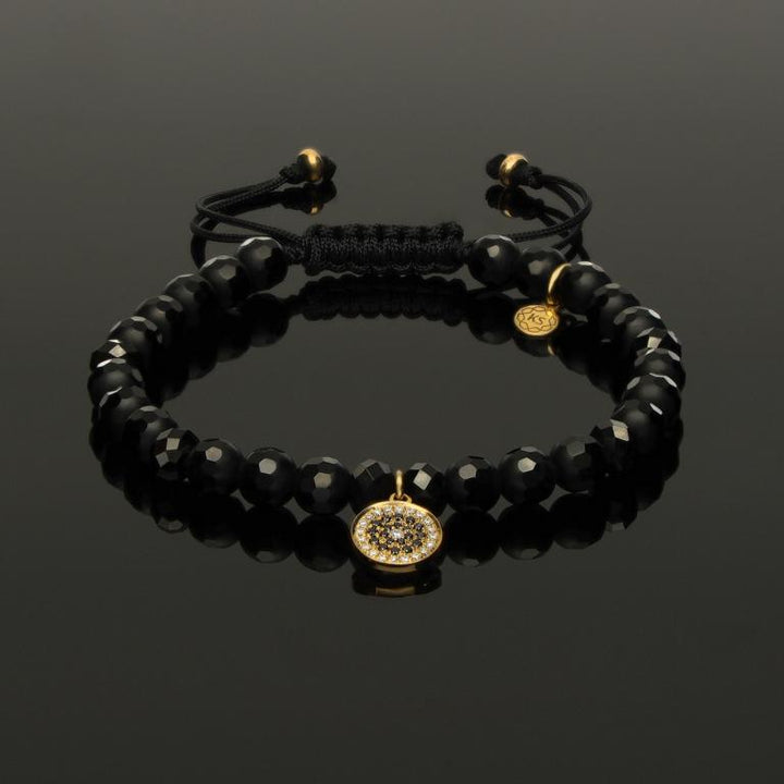 Edelstein Makramee-Armband mit 40 weißen &amp; schwarzen Diamanten in 585 Gelbgold-Anhänger, funkelndem Spinell &amp; Onyx in 6mm