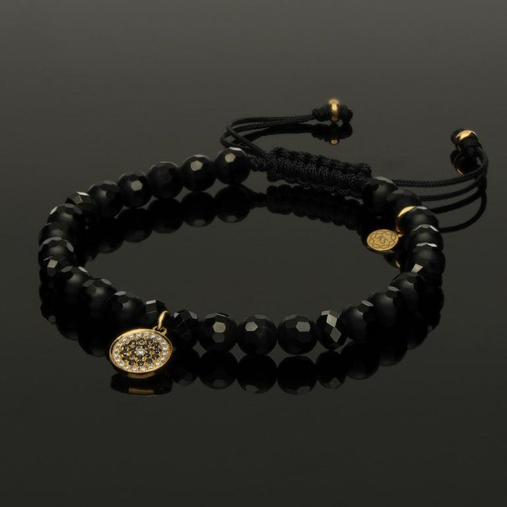 Edelstein Makramee-Armband mit 40 weißen &amp; schwarzen Diamanten in 585 Gelbgold-Anhänger, funkelndem Spinell &amp; Onyx in 6mm