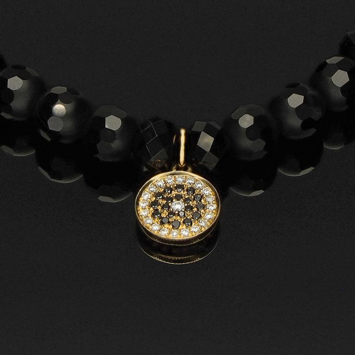 Edelstein Makramee-Armband mit 40 weißen &amp; schwarzen Diamanten in 585 Gelbgold-Anhänger, funkelndem Spinell &amp; Onyx in 6mm