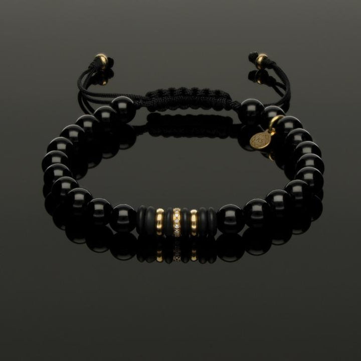 Edelstein Makramee-Armband mit 16 weißen Diamanten, 585 Gelbgold &amp; Onyx in 6mm