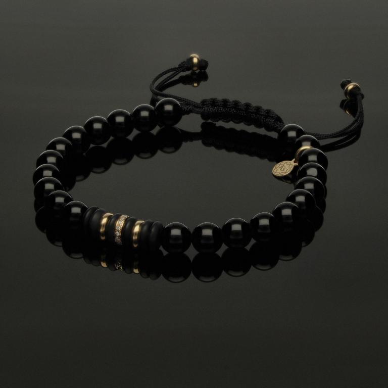 Edelstein Makramee-Armband mit 16 weißen Diamanten, 585 Gelbgold &amp; Onyx in 6mm