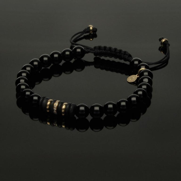 Edelstein Makramee-Armband mit 16 weißen Diamanten, 585 Gelbgold &amp; Onyx in 6mm