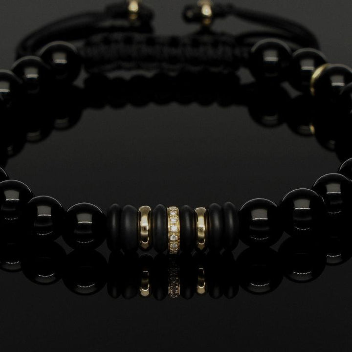 Edelstein Makramee-Armband mit 16 weißen Diamanten, 585 Gelbgold &amp; Onyx in 6mm
